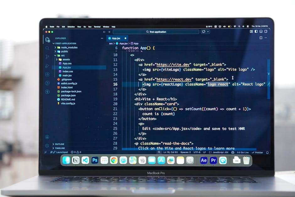 The image displays a close-up of a laptop screen showing a code editor with JavaScript and HTML code. The code is highlighted in various colors indicating syntax, with visible tags such as <img src>, 