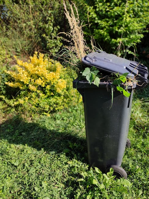 A black wheeled garden waste bin positioned on a grassy outdoor area, filled with cut plant material including dried grasses, leafy green branches, and other garden debris. Surrounding the bin are lus